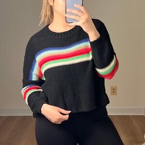 Wooden Ships Rainbow Stripe Open Knit Sweater S/M Black Multicolor